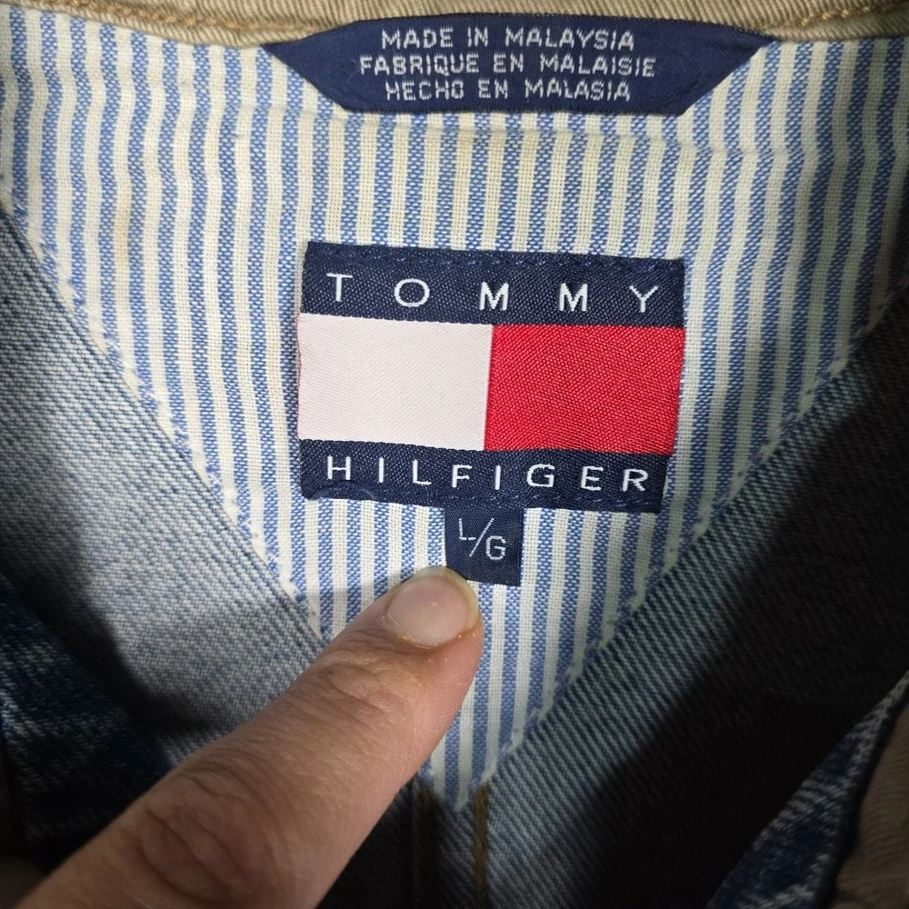 Vintage 90s Tommy Hilfiger Denim Jacket Mens Large Blue Jean Crest Logo Pockets - Picture 4 of 8